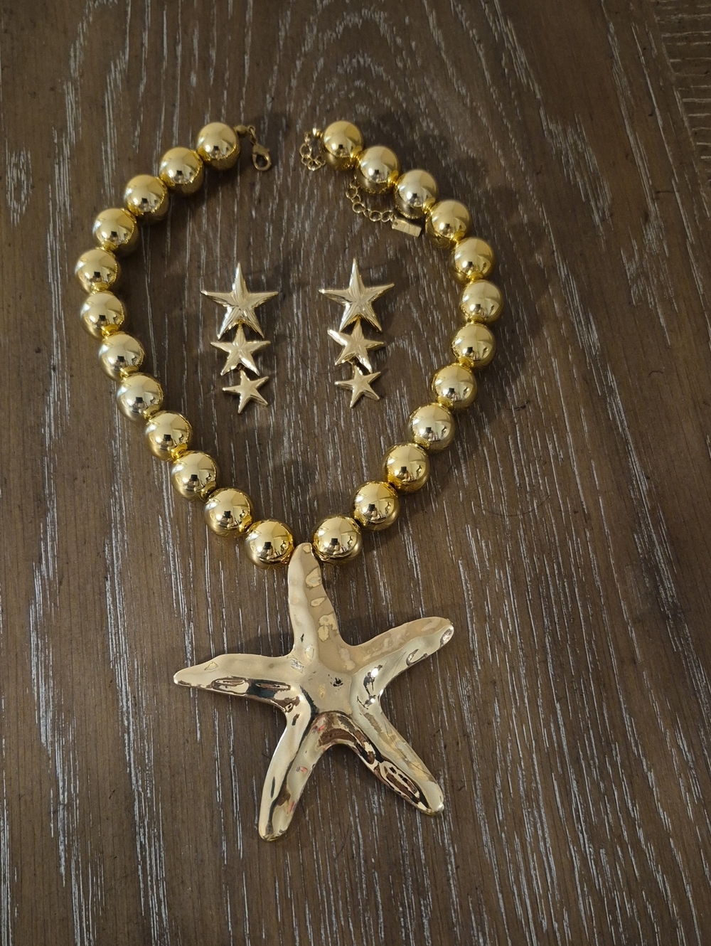 Gold Starfish Bead Necklace with Matching Triple Star Earrings - Women Jewelry